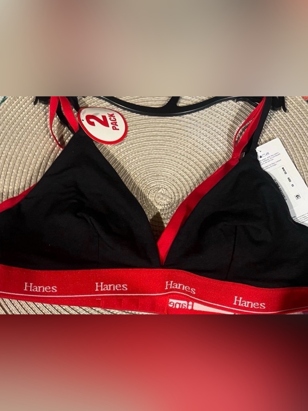 Hanes Originals 2 Pack Cotton Stretch Triangle Bralettes Red & Black XS NWT